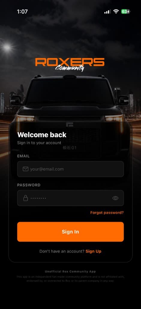 Roxers Login Screen